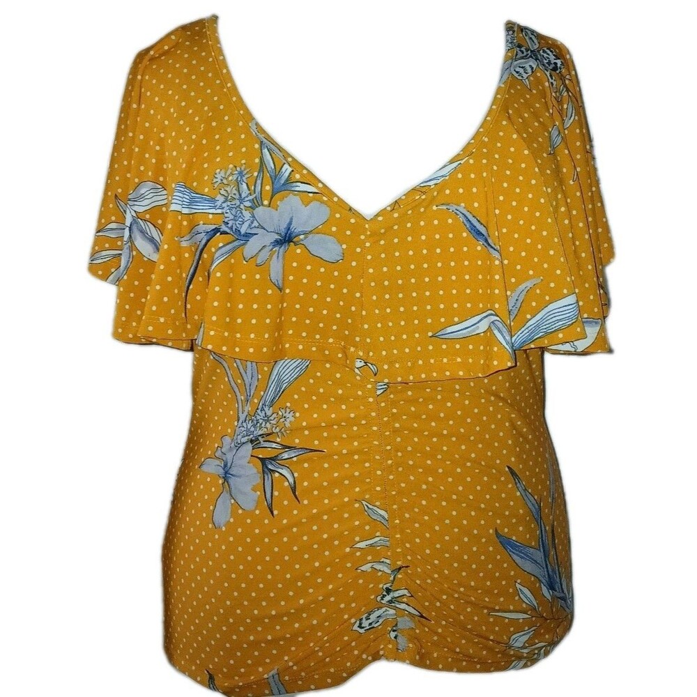 NWT ROUGE COLLECTION Womens 2X/1X Peasant Boho Polka Dot Floral Overlay Top Gold - Picture 2 of 11
